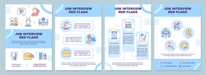 Fototapeta na wymiar Job interview red flags blue brochure template. Show professionalism. Leaflet design with linear icons. 4 vector layouts for presentation, annual reports. Arial-Black, Myriad Pro-Regular fonts used