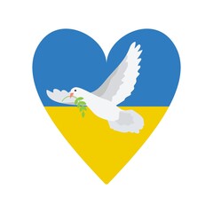 Ukraine colorful flag in heart shape with dove of peace isolated on white background. Vector
