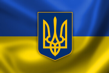 Illustration of the flag of Ukraine waving with Coat of Arms of Ukraine State emblem