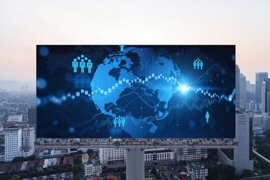 World planet Earth map hologram of social media icons over sunset panoramic cityscape of Kuala Lumpur, Malaysia, Asia. The concept of people connections in KL. Globe