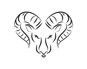 Aries head, Aries graphic icon. Ram's head, black silhouette highlighted on a white background. Vector illustration.