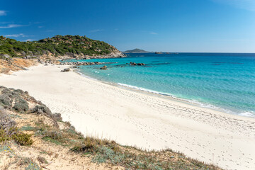 crystal clear water and white sand in Porto sa ruxi beach, Villasimius