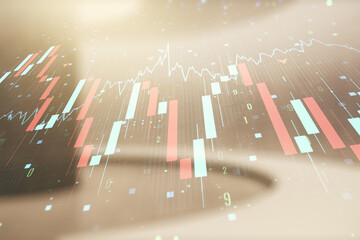 Abstract virtual crisis chart illustration on empty corporate office background. Global crisis and bankruptcy concept. Multiexposure