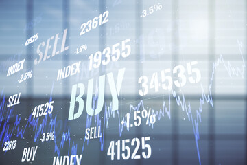 Double exposure of abstract creative financial chart hologram on empty modern office background, research and strategy concept