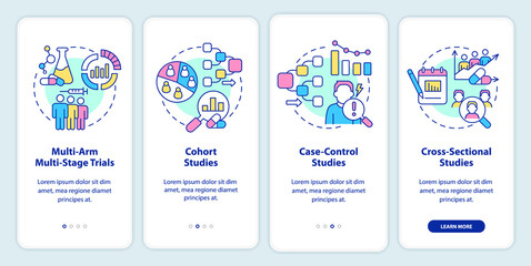 Clinical studies types onboarding mobile app screen. Healthcare walkthrough 4 steps graphic instructions pages with linear concepts. UI, UX, GUI template. Myriad Pro-Bold, Regular fonts used