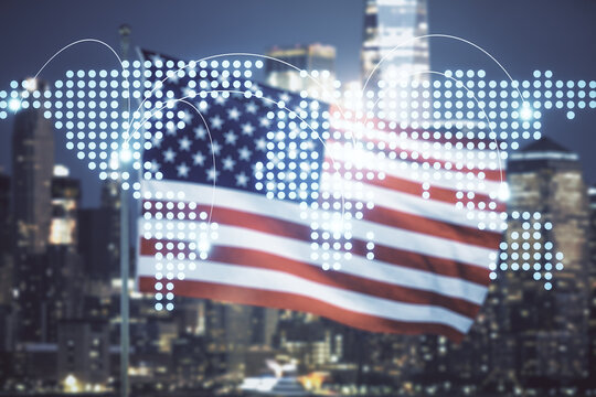 Double exposure of abstract digital world map hologram with connections on USA flag and blurry cityscape background, research and strategy concept