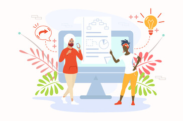 Muslim man and black woman presenting an innovation project. Business people work concept. Vector illustration.
