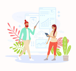 A woman and a man presenting financial analysis and showing graphs. Vector illustration.