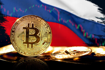 Cryptocurrency standing in front of Blurred Russia flag. Concept of countermeasure against...