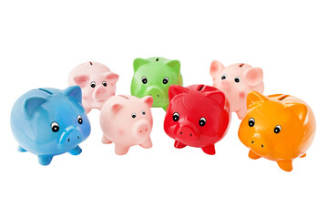 Finances and symbolic various colorful Piggy Banks isolated against white background