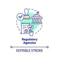 Regulatory agencies concept icon. Safety of clinical trials guaranty abstract idea thin line illustration. Isolated outline drawing. Editable stroke. Arial, Myriad Pro-Bold fonts used