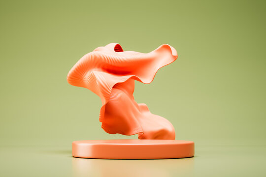 Podium pedestal product mock up display with floating textured orange cloth, fabric, 3d illustration