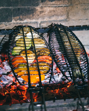 Grilled vegetables, grilled fish on the grill
