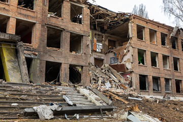 War in Ukraine. Destroyed building in  Vasylkiv