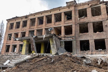 War in Ukraine. Destroyed building in  Vasylkiv