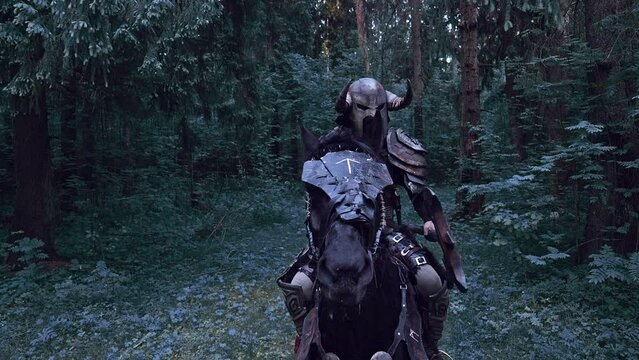Viking. Warrior rides a horse from battle.