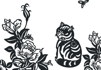 cat between roses, rose bushes