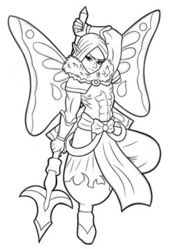 Fairy male dragon slayer, with big wings, big spear picture is made with lines.