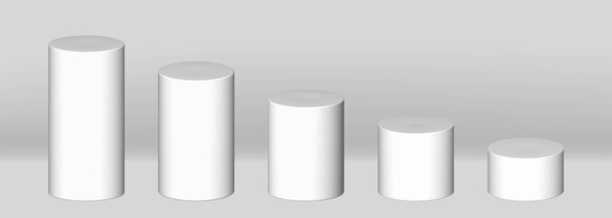 White 3d cylinder collection with perspective, isolated on grey background.