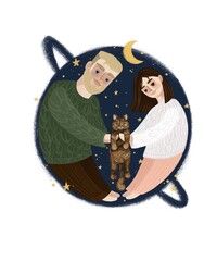 guy and girl with a cat on a background of space