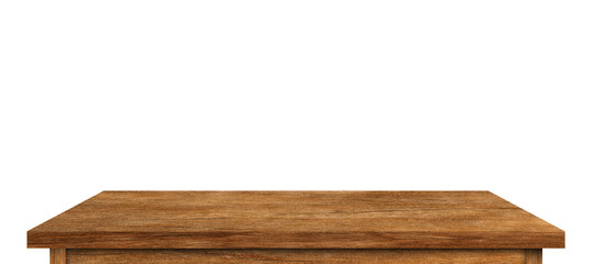 Brown wooden table top isolated on white background