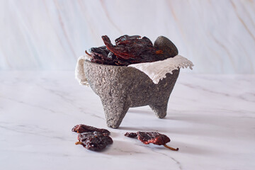 Fresh pasilla chilies on molcajete. Mexican culture.