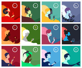 Obraz na płótnie Canvas Set of vector illustration with zodiac astrological male and non-binary gender characters. Cards and signs on a colored background with man silhouette