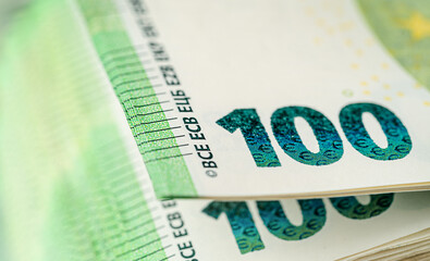 Close up of one hundred euro bill. Finance concept.