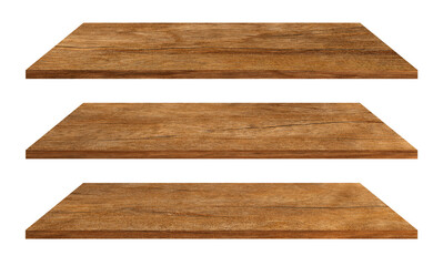Wooden shelves isolated on white with clipping path, Wood table top, Template mock up for display of product