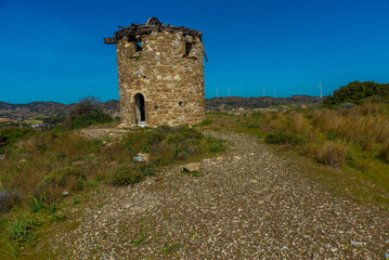 KIZLAN, MUGLA, TURKEY: Turkish traditional old windmills in the village of Kizlan, near the town of Datca.