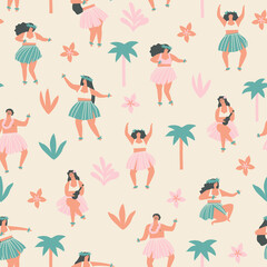 Island tropical seamless pattern with hawaiian people dancing and partying. Vector illustration
