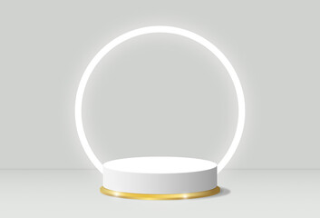 3D render minimal luxury white, Gold Cylinder circle podium in white background. concept display showcase, product, poster, presentation, cosmetic, for banner and background.