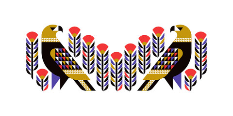 Decorative eagle with ornamental flowers. Flat style vector illustration of geometric bird for elegant poster or stylish print