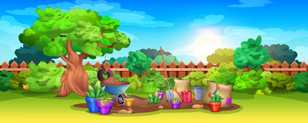 Obraz na płótnie Canvas Cartoon backyard with tree, wooden fence and gardening tools. Summer landscape with garden wheelbarrow with soil, watering can, shovel and sacks. Grass lawn with growing plants and potted flowers.