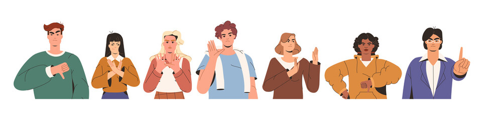Flat group of young people showing refusal or negative emotions with gesture. Rejection, thumb down or stop hand signs. Displeased men and women faces expressing rejection, disagree, denial or protest