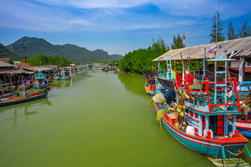 Fototapeta na wymiar The Scenic Harbor Of Bang Pu In Thailand , Photos Longtail fishing boats in Phuket