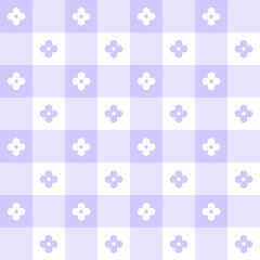 Cute Daisy Flower Pastel Purple Violet Lilac Checkered Plaid Gingham Pattern Background Vector Cartoon Illustration Tablecloth, Picnic mat wrap paper, Mat, Fabric, Textile, Scarf.