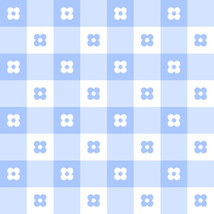 Cute Daisy Flower Pastel Blue Checkered Plaid Gingham Pattern Background Vector Cartoon Illustration Tablecloth, Picnic mat wrap paper, Mat, Fabric, Textile, Scarf.