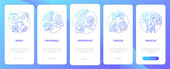 Logo design characteristics blue gradient onboarding mobile app screen. Walkthrough 5 steps graphic instructions pages with linear concepts. UI, UX, GUI template. Myriad Pro-Bold, Regular fonts used