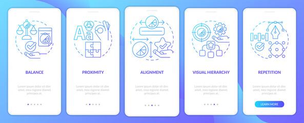 Graphic design principles blue gradient onboarding mobile app screen. Art walkthrough 5 steps graphic instructions pages with linear concepts. UI, UX, GUI template. Myriad Pro-Bold, Regular fonts used