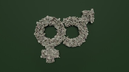 3d rendering of dollar cash rolls and stacks in shape of symbol of Venus mars on green background