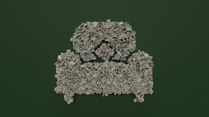 3d rendering of dollar cash rolls and stacks in shape of symbol of armchair on green background
