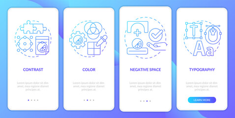 Principles of graphic design blue gradient onboarding mobile app screen. Walkthrough 4 steps graphic instructions pages with linear concepts. UI, UX, GUI template. Myriad Pro-Bold, Regular fonts used
