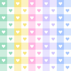 Rainbow Heart Love Valentine's Day Purple Blue Green Yellow Orange Pink Gingham Pattern Square Background Vector Cartoon Illustration Tablecloth, Picnic mat wrap paper, Mat, Fabric, Textile, Scarf.