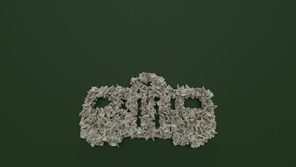 3d rendering of dollar cash rolls and stacks in shape of symbol of tram way on green background
