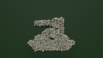 3d rendering of dollar cash rolls and stacks in shape of symbol of spaghetti on green background