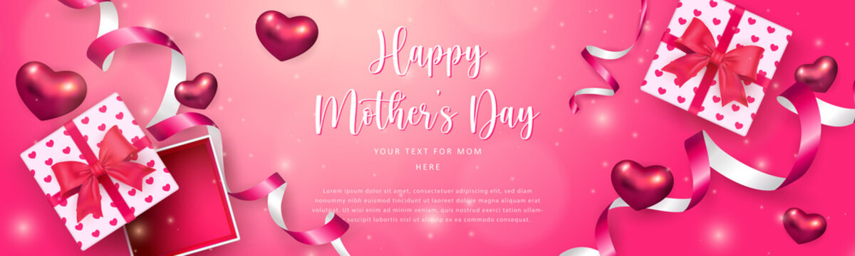 Happy mother's day present gift box pink red ribbon flower and love heart with bokeh shinning background