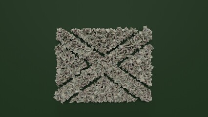 3d rendering of dollar cash rolls and stacks in shape of symbol of Scotland on green background