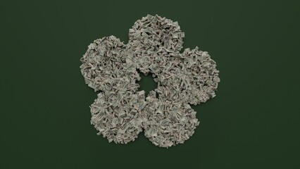 3d rendering of dollar cash rolls and stacks in shape of symbol of cherry blossom on green background