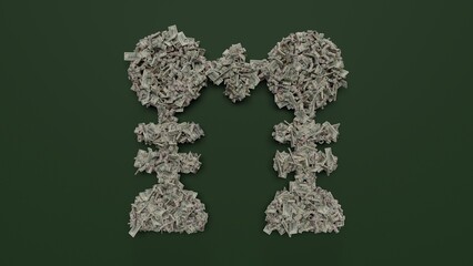 3d rendering of dollar cash rolls and stacks in shape of symbol of experiment on green background